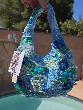 Rare Beaded Blue & Teal Floral Bag